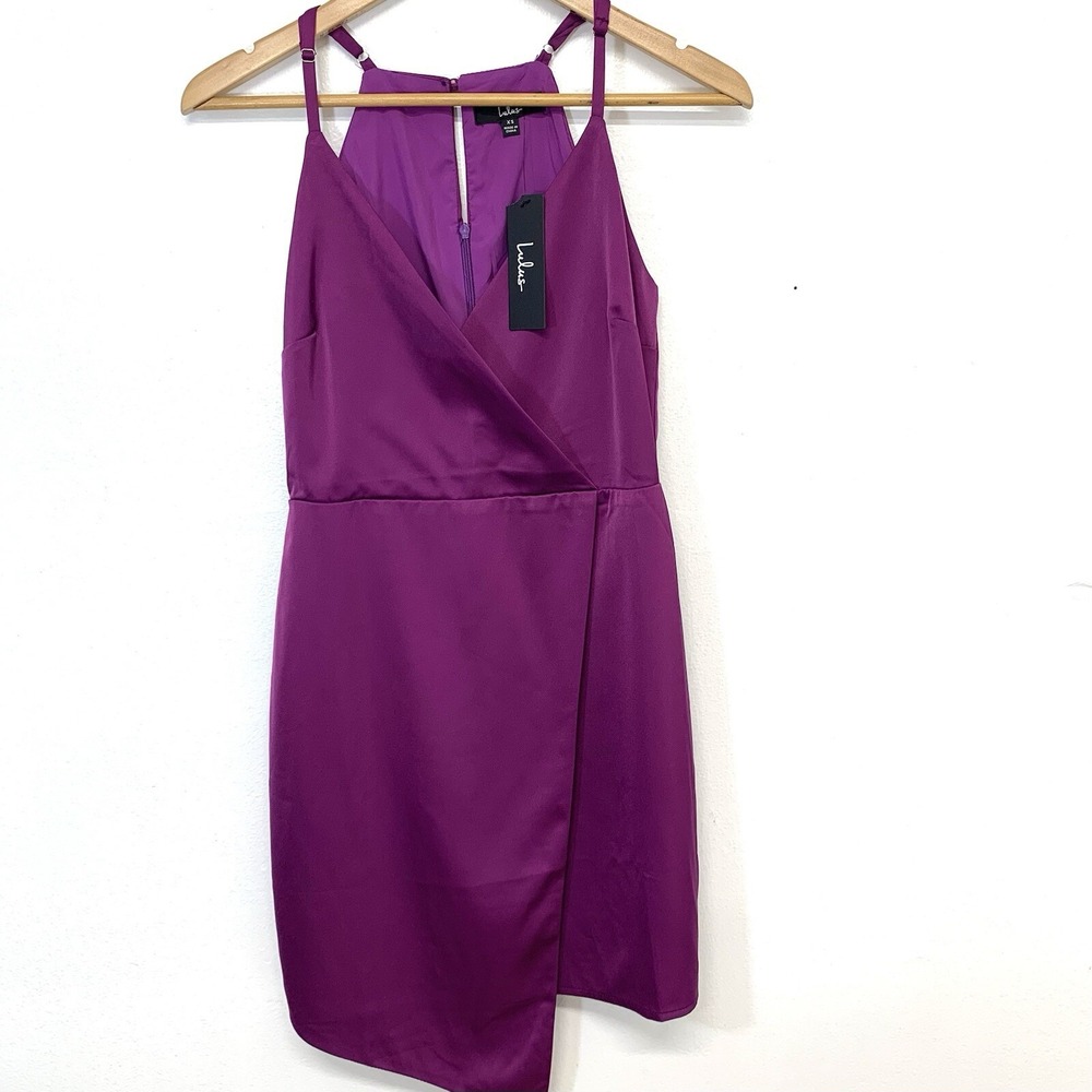 Lulus‎ Purple Faux Wrap Satin Mini Dress XS Sheath Sleeveless Feminine Fairy